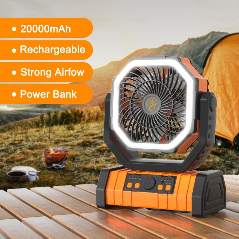 Multi-functional large capacity Camping Fan with LED Light, 20000mAh Rechargeable Battery Powered Portable Fan with 360° Rotating Hook, Oscillating Fan for Tents